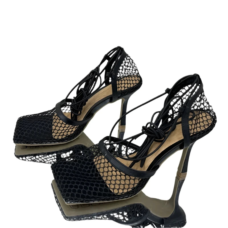 Mesh Lace-Up Stiletto Sandals