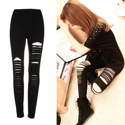 Black Punk Ripped Leggings Pants