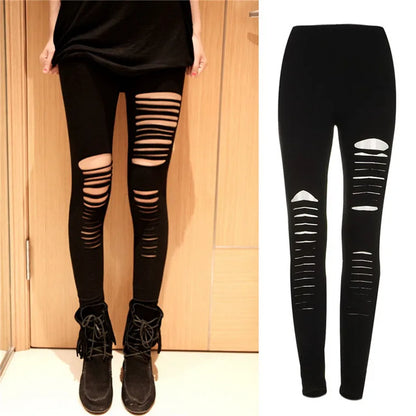 Black Punk Ripped Leggings Pants