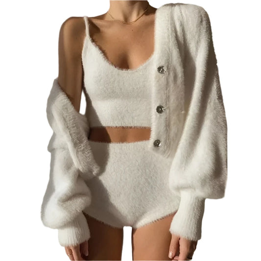 Shaggy White Cardigan & Tank Top Set