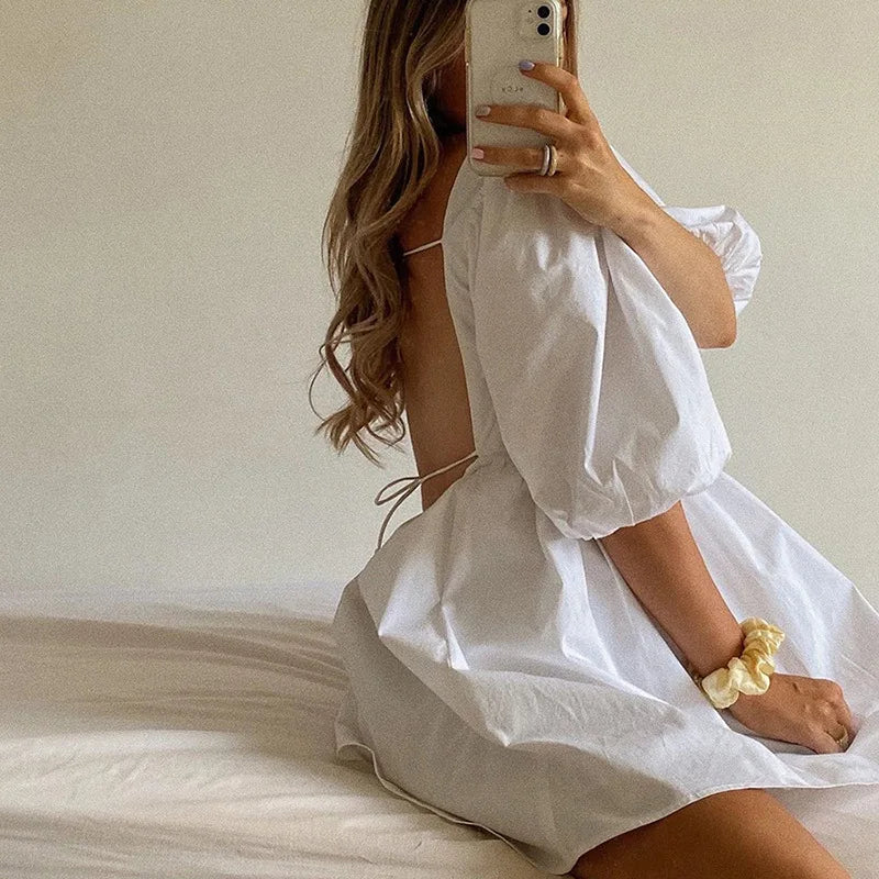 White Puff Sleeve Backless Lace Up Mini Dresses