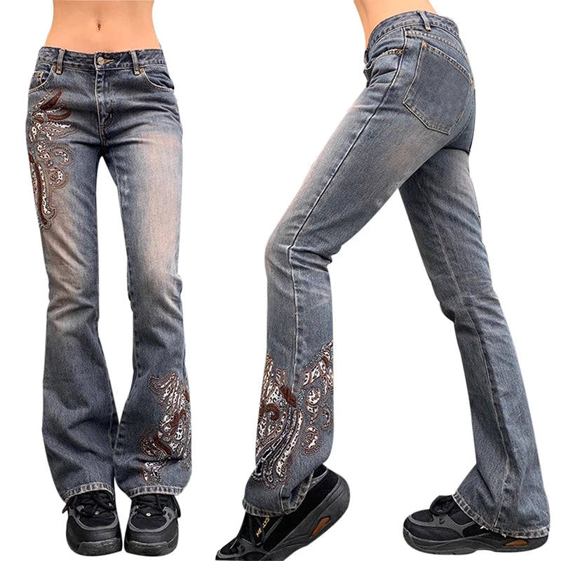 Floral Embroidery Low Waist Flared Denim Jeans