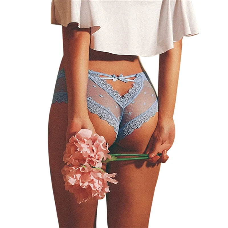 V-Back Criss Cross Floral Lace Low Waist Panties – See-Through