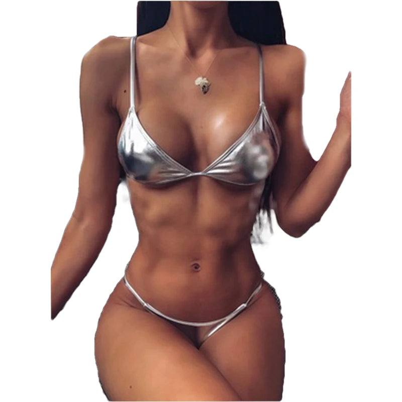 Solid Color Metallic Bikini Set