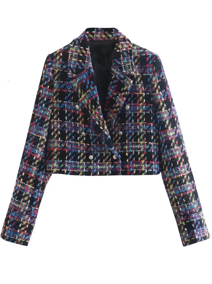 Double Breasted Check Tweed Blazer