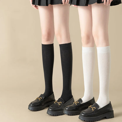 Black White Cotton Thigh Knee High Socks For School