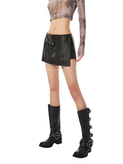 Low Waist H-line Leather Mini Skirt