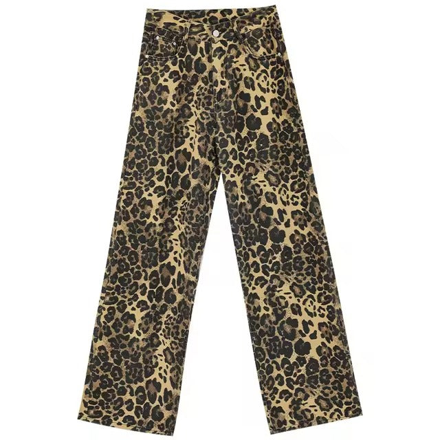 Washed Leopard Animal Printed High Waist Jeans