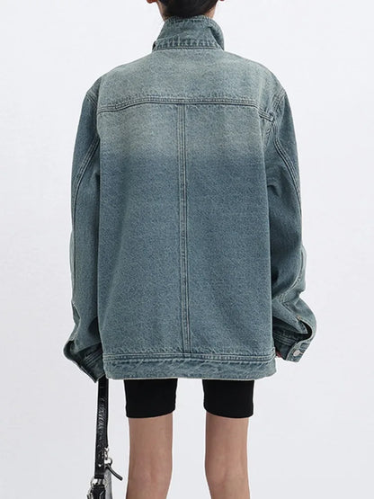 Denim Turtleneck Single Patchwork Jacket