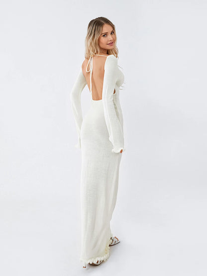 Knitted Long Sleeve Backless Wrap Dress