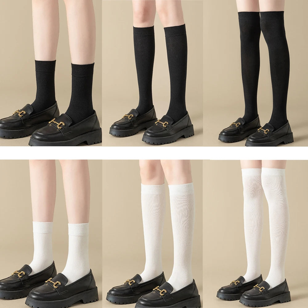 Black White Cotton Thigh Knee High Socks For School