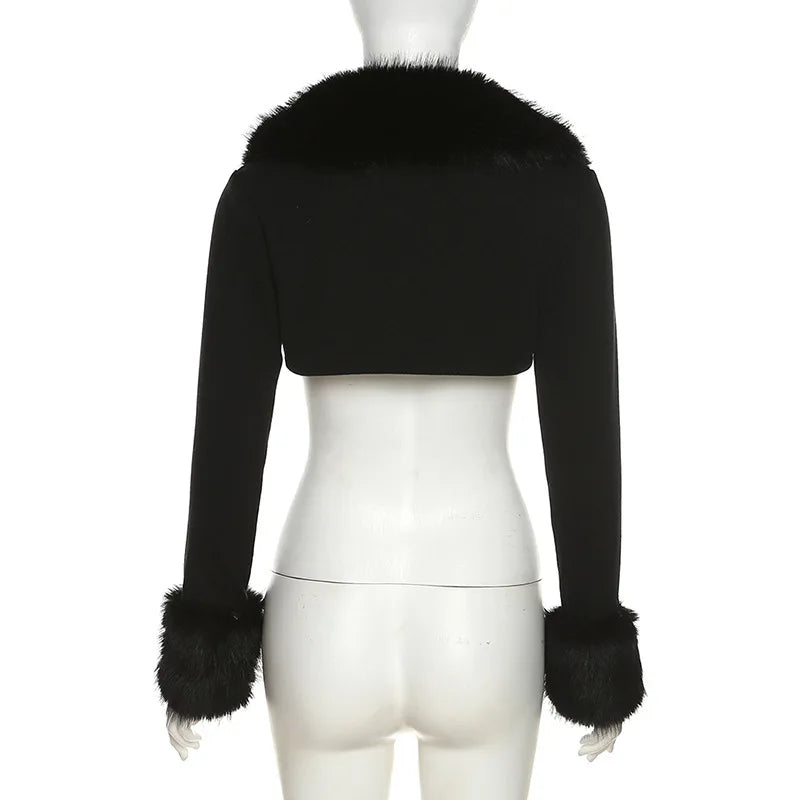 Fur Collar Knitted Crop Top Coat