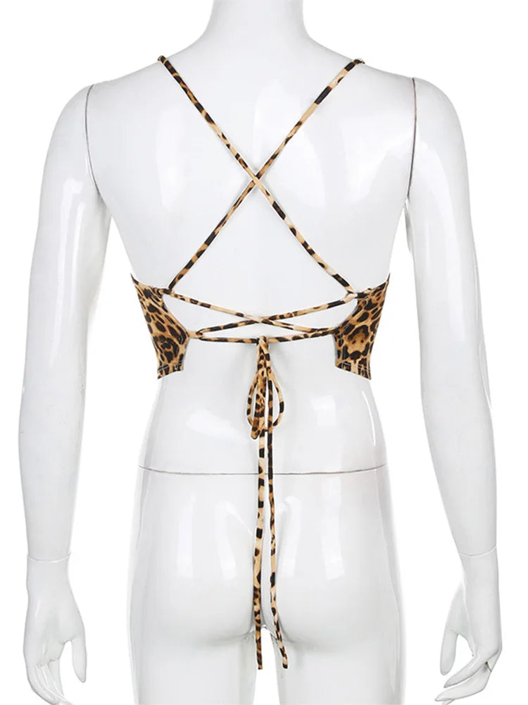 Leopard Print Lace-Up Backless Crop Top