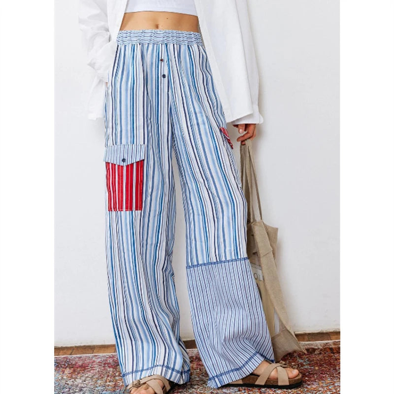 Striped High Waist Baggy Lounge Pants with Pockets