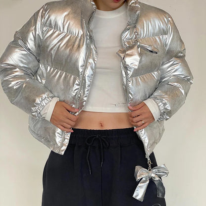 Silvery Padded Jacket with Bow