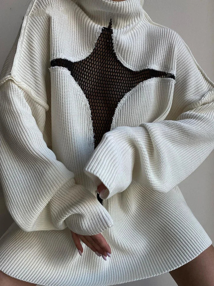 Hollow Out Mesh Patchwork Turtleneck Sweater