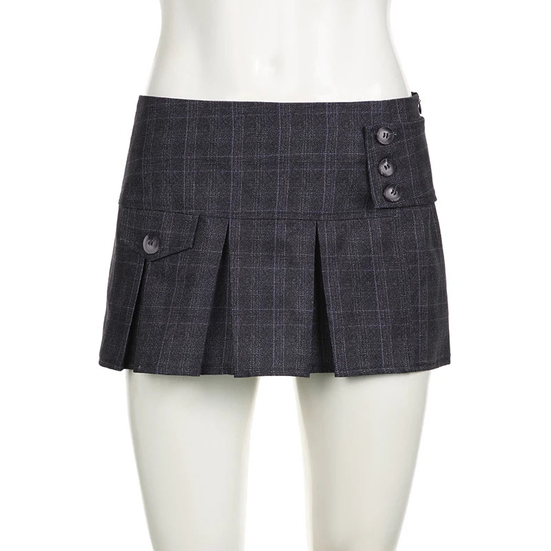 High Waist Preppy Style with Buttons Pleated Mini Skirt