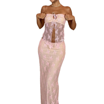 Floral Lace Set -  Strapless Crop Top + Long Skirt