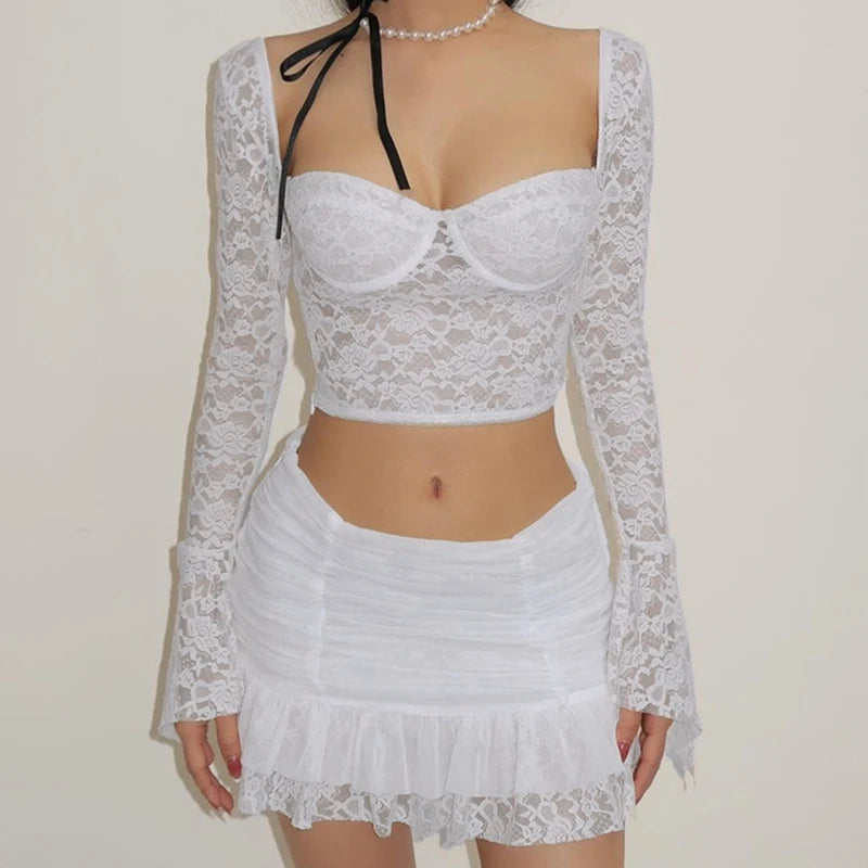 Sheer White Lace Long Sleeve Crop Top + Mini Skirt