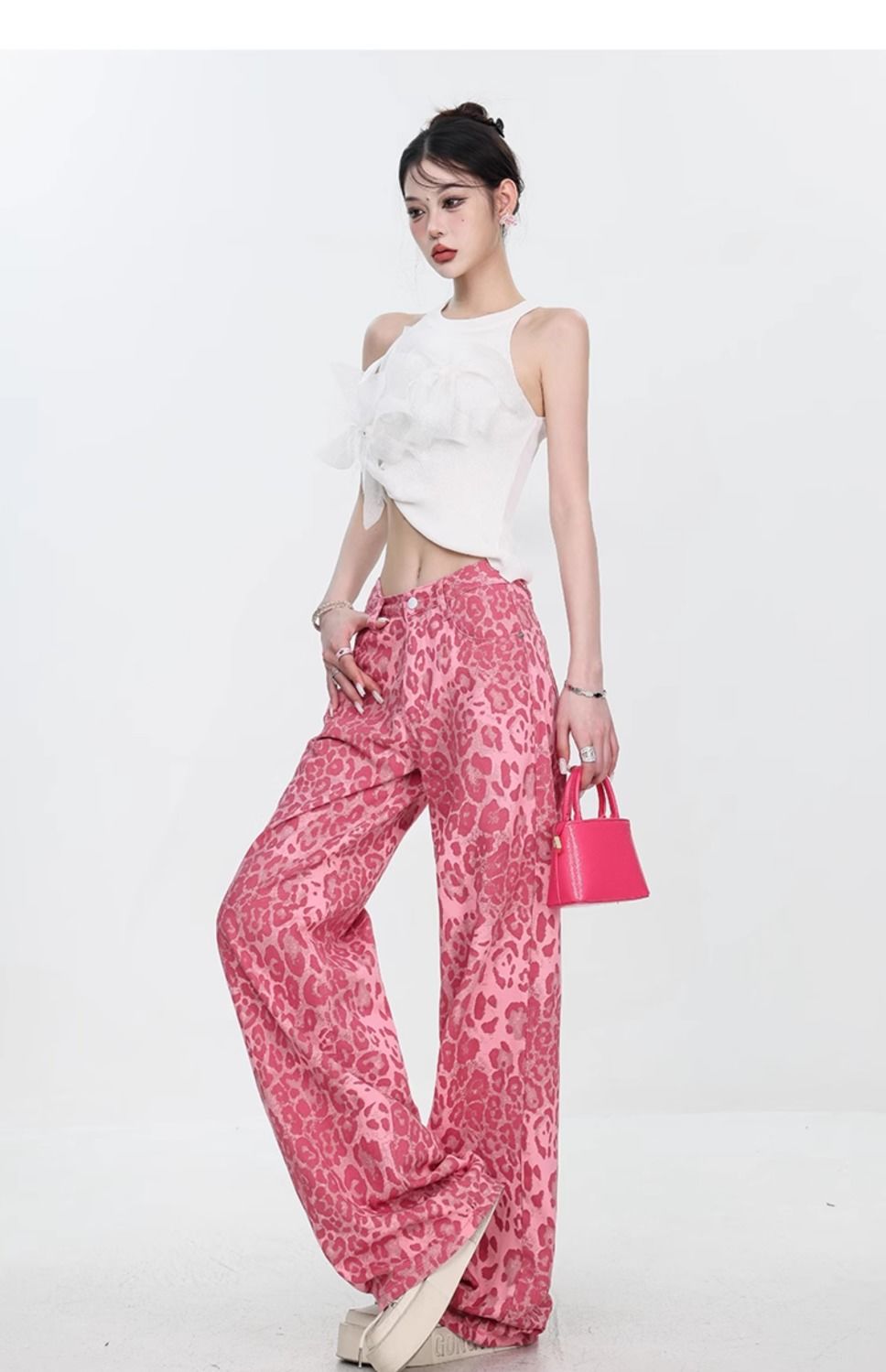 Washed Leopard Animal Printed High Waist Jeans