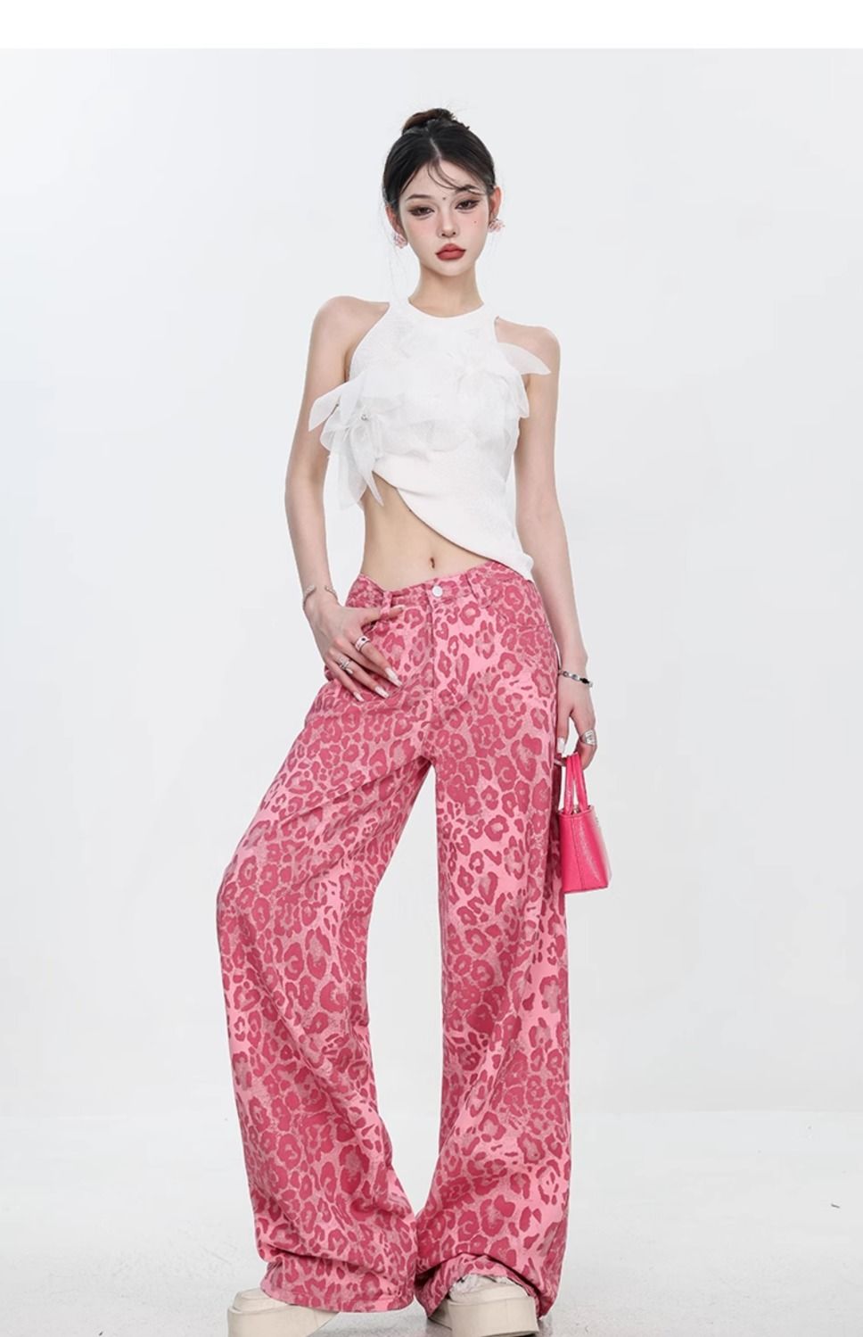 Washed Leopard Animal Printed High Waist Jeans