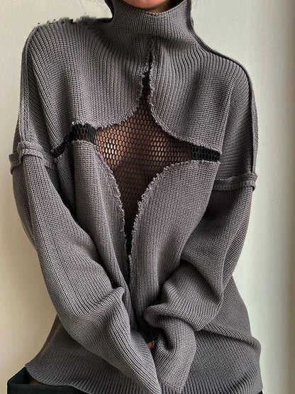 Hollow Out Mesh Patchwork Turtleneck Sweater