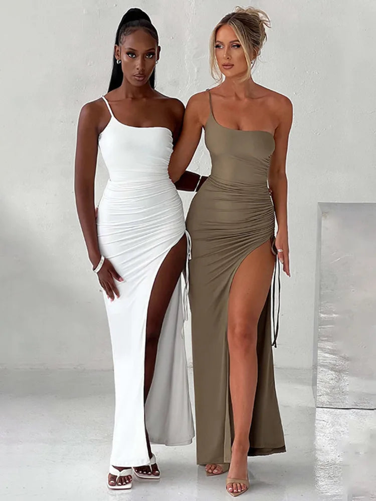 One Shoulder Strap Thigh High Split Maxi Dress