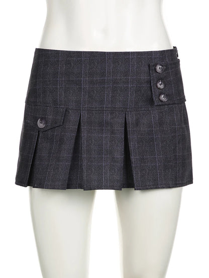 Plaid Buttons Irregular Hem Pleated Mini Skirt