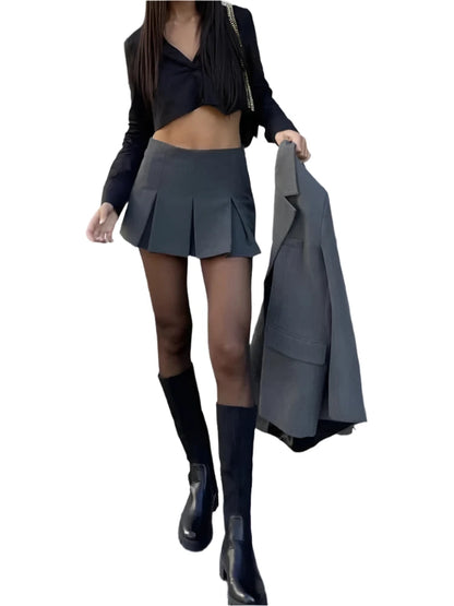 Vintage Dark Grey Ruffle Pleated Mini Skirt