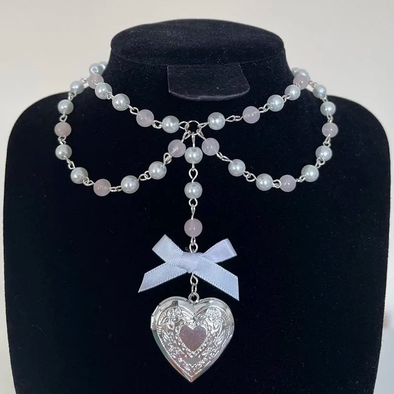 Pearl & Rose Quartz Heart Locket Necklace with Bow