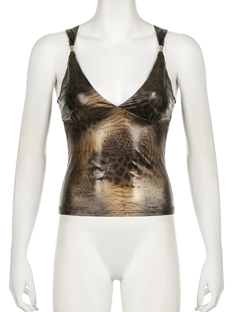 Backless animal print Bandage Camis Top