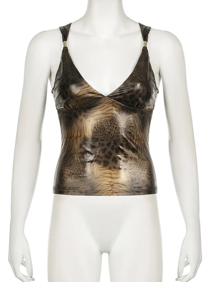 Backless animal print Bandage Camis Top