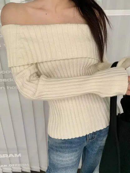 Off-the-Shoulder Rib-Knitted Pullover Sweater