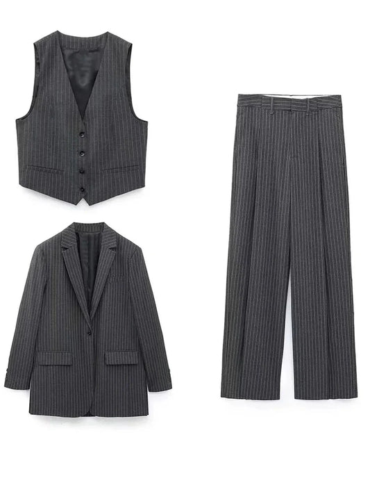 Side Vent Pinstripe Blazer and High-Waist Trousers Set