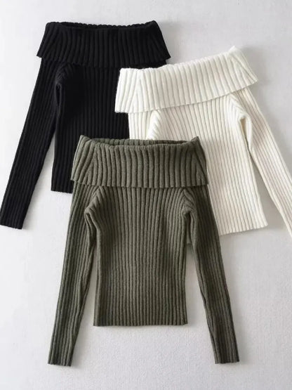 Off-the-Shoulder Rib-Knitted Pullover Sweater