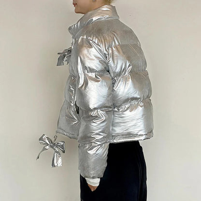 Silvery Padded Jacket with Bow