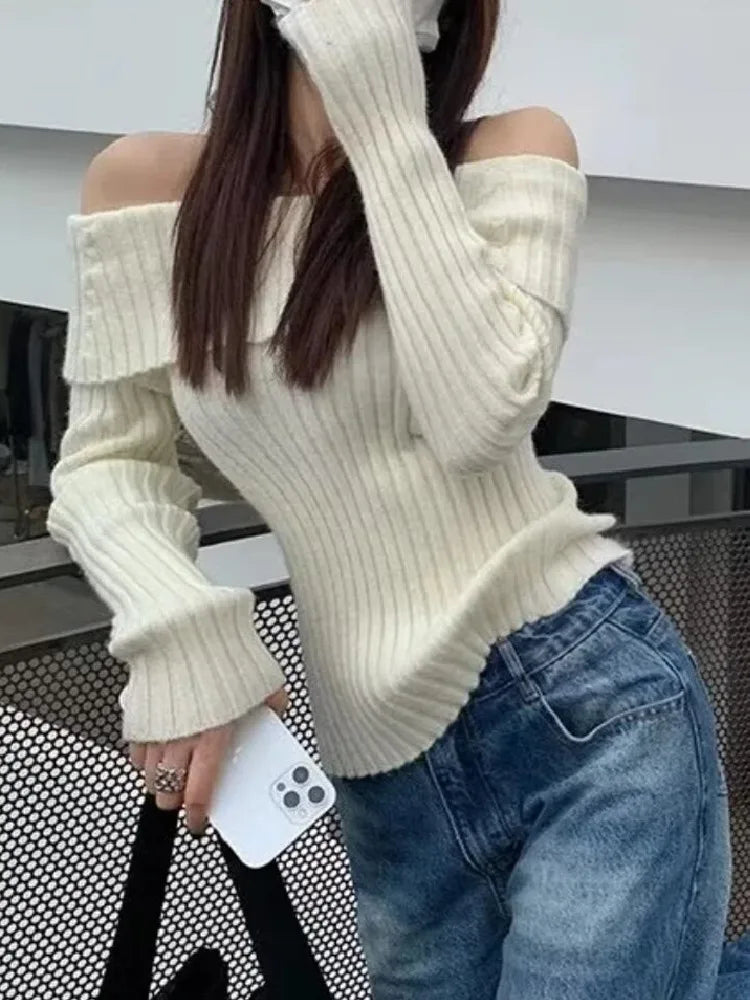 Off-the-Shoulder Rib-Knitted Pullover Sweater