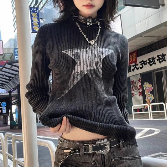 Vintage Star Print Y2K Harajuku Slim Ribbed Tee