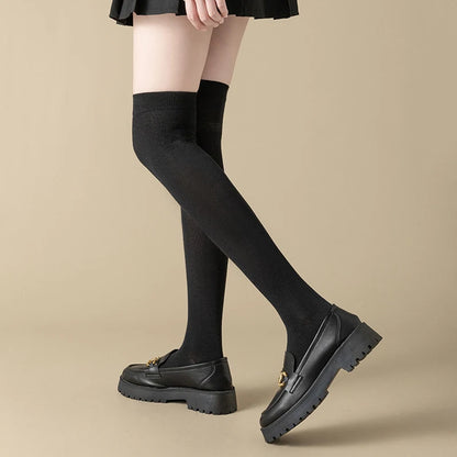 Black White Cotton Thigh Knee High Socks For School