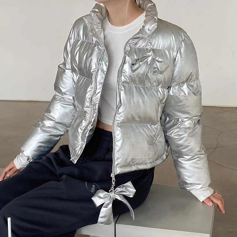 Silvery Padded Jacket with Bow