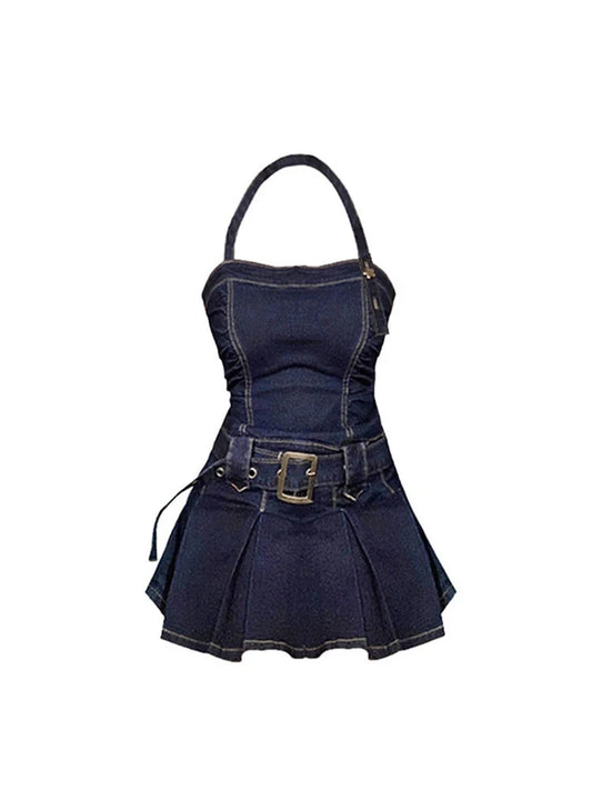 Denim Mini Dress Off Shoulder Halter Neck