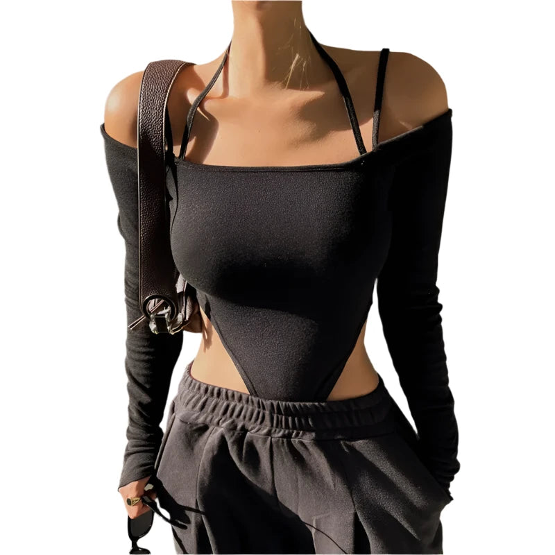 Off Shoulder Halter Bodysuit Long Sleeve