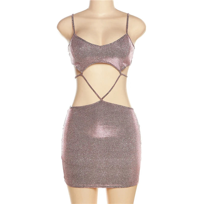 Glitter Tie-Up Spaghetti Strap Bodycon Dress