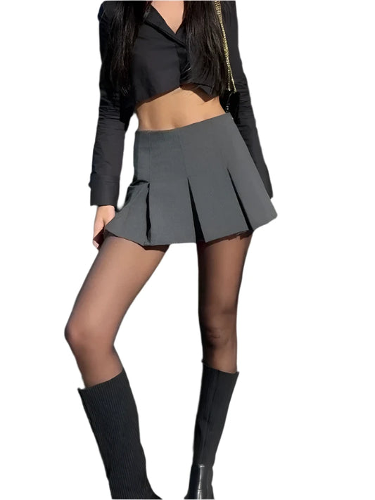 Vintage Dark Grey Ruffle Pleated Mini Skirt