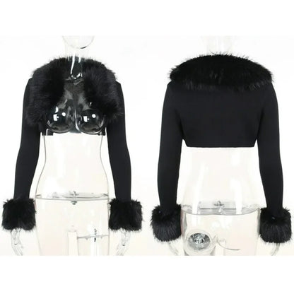 Fur Collar Knitted Crop Top Coat