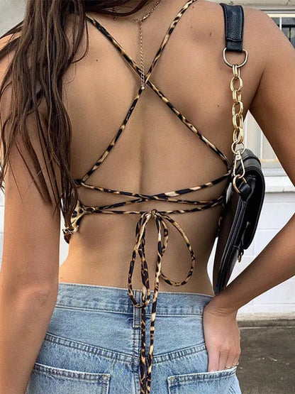 Leopard Print Lace-Up Backless Crop Top