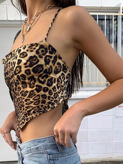 Leopard Print Lace-Up Backless Crop Top