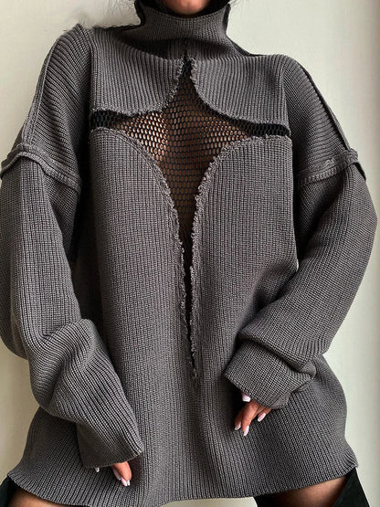 Hollow Out Mesh Patchwork Turtleneck Sweater