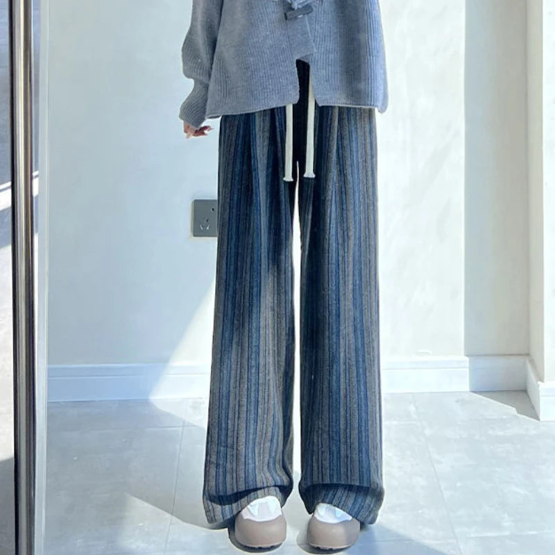 Woolen Striped Wide-Leg Pants