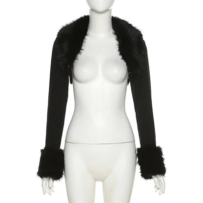 Fur Collar Knitted Crop Top Coat